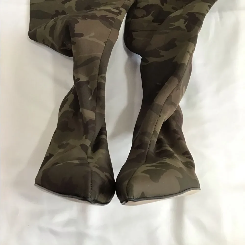 Good American Green Camo Neoprene High Kickstand Over The Knee Boots Size 9